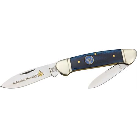 Rough Rider 1224 Masonic Canoe Spear and Pen Blades Folding Knife with Blue Bone Handle