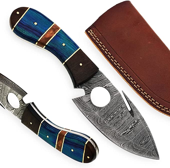 9" Handmade Skinning Gut Hook Damascus Steel Hunting Knife. Color full Wood Handle with Suede Leather Sheath,