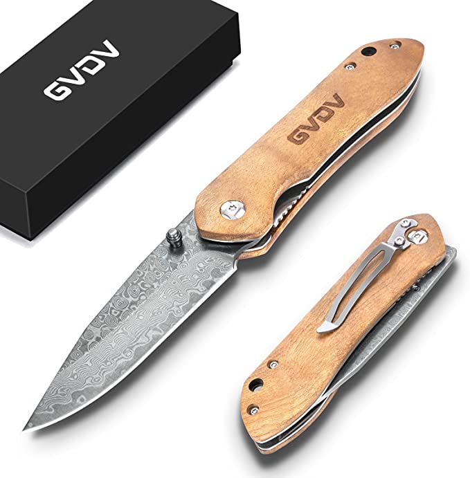 GVDV Damascus Pocket Folding Knife, 3" EDC Knife with Pocket Clip