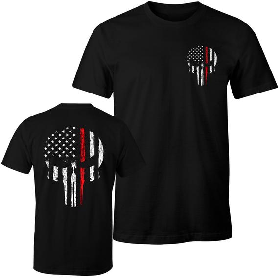 Thin Red Line Shirt Firefighter Thin Red Line USA Flag Skull Men's T-Shirt Red Line of Courage